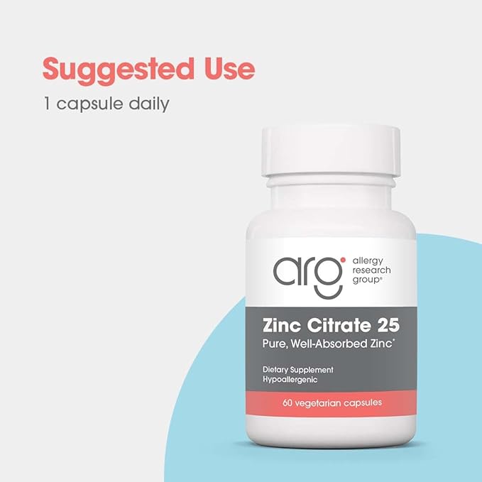 Allergy Research Group Zinc Citrate Supplement - 25mg Zinc for Men & Women, Immune Support, Pure, Well-Absorbed, Well-Tolerated, Trace Mineral, Vegetarian Capsules - 60 Count