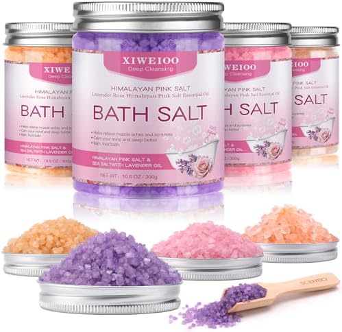 4 Pack Kit Bath Salts for Soaking Himalayan Pink Salt Lavender Orange Rose Pink Scent Epsom Salt Bubble Bath for Women Christmas Gift with Dead Sea Salt Moisturizing Skin