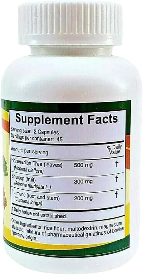 Moringa Guanabana Soursop Curcuma Turmeric 90 Capsules (500 mg) Powerful Blend of Natural Ingredients VIDA Herbal Dietary Supplement.