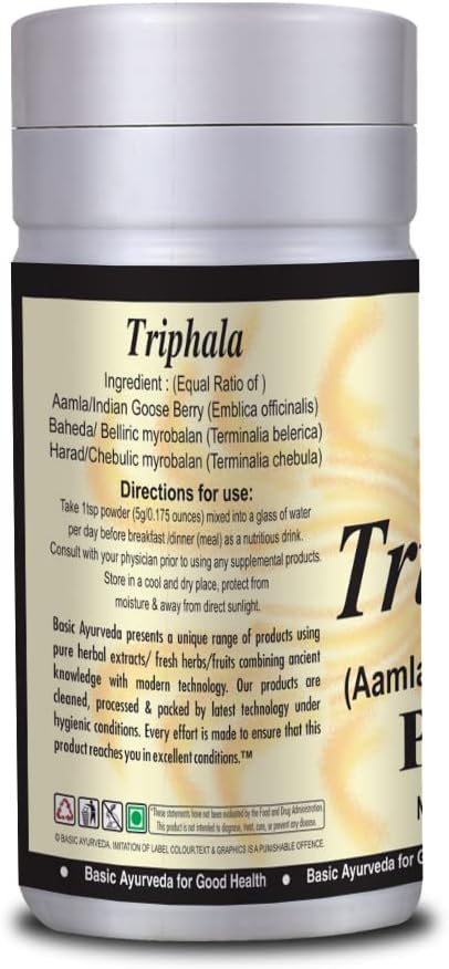 BASIC AYURVEDA Triphala Powder | Blend of Amla, Baheda & Harad | Supports Digestion, Gut Health & Detox | 100% Natural Herbal Supplement | Plant-Based Formula | 3.53 Oz (100g)