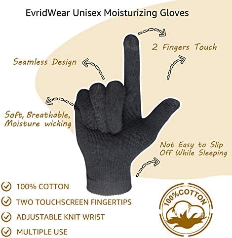 Evridwear Men Moisturizing Cotton Gloves with Touchscreen Fingertips for Eczema Beauty Cosmetic Dry Hands Sensitive Irritated Skin Therapy Overnight Bedtime, 6 Pairs, Lightweight-Black, L/XL