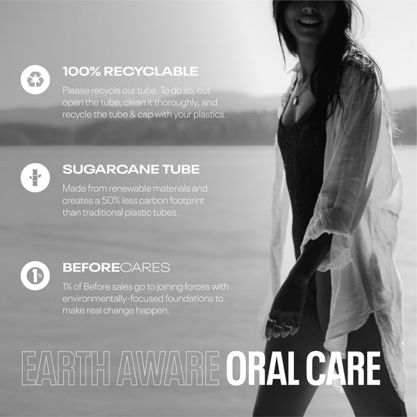 Before | Whitening Anti-Cavity Toothpaste | Vegan, Reduces Plaque for Gum Health, Balanced Foaming, Low Abrasion, Long Lasting Minty Fresh Breath, Plant-Based Sugarcane Tube, Made in The USA — 3.5oz