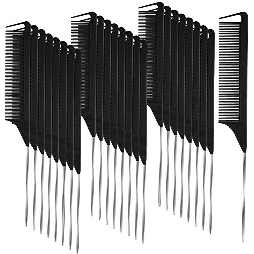 Patelai 30 Pieces Parting Comb for Braids Steel Hair Pin Rat Tail Carbon Fiber Heat Resistant Teasing Combs with Stainless Steel Pintail(Black, Silver)