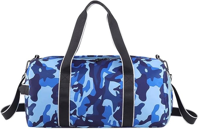 Kids Overnight Duffle Bag Girls Boys Sports Gym Bag with Shoe Compartment Wet Pocket Camouflage travel bag (Blue)