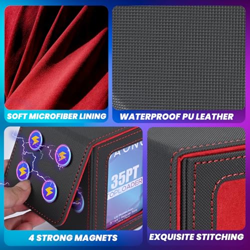 UAONO Card Deck Box with MTG Commander Display, Patented Design Card Deck Case Holds 100+ Double-Sleeved Cards, PU Leather Cards Storage Box for TCG with 2 Dividers, 1 Toploader (Grey&Red)