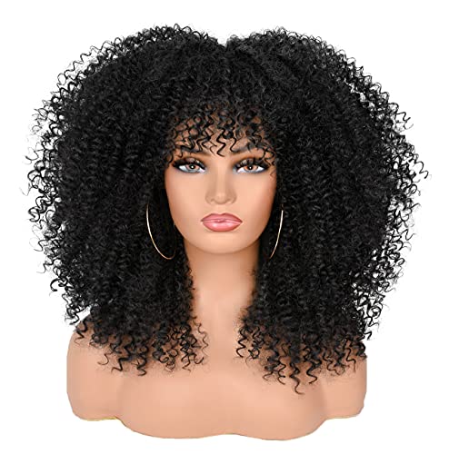 ANNISOUL 16Inch Curly Wigs for Black Women Black Afro Bomb Curly Wig with Bangs Synthetic Fiber Glueless Long Kinky Curly Hair