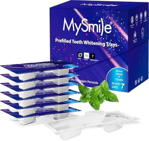 MySmile 7 Treatments Prefilled Teeth Whitening Trays Kit with 12% Hydrogen Peroxide Whiter Gel for Sensitive Tooth, Fast-Result Vegan Teeth Whitener Tooth Stain Remover, Mint Flavor
