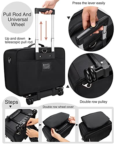 17.7" Rolling Makeup Train Case, Extra Large Cosmetic Organiser Trolley Professional Makeup Artist Bag Portable Travel Makeup Box, Beauty Case on Wheels with Adjustable Dividers (Black, 45cm)