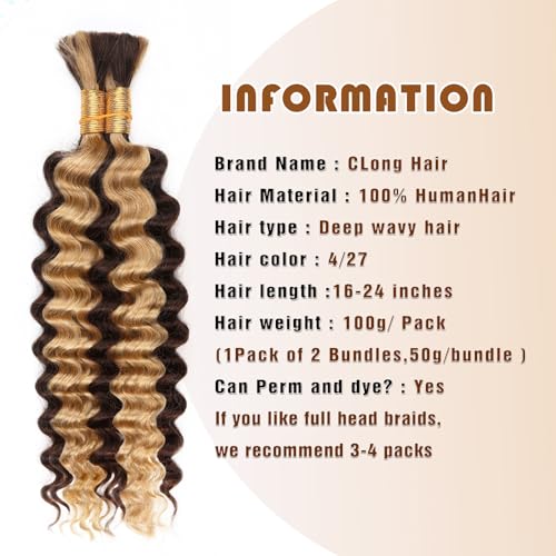 4/27 Honey Blonde Human Braiding Hair Deep Wave Bulk,Highlight No Weft Curly Hair Extensions for Boho Braids Wet and Wavy Braiding Human Hair Bundles(18inch,4/27,100g)
