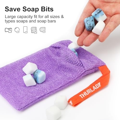 African Net Sponge Authentic with Knots, African Scrub Bath Net, 2 Pieces Exfoliating Body Back Scrubber for Shower, Gentle Exfoliating Washcloth, with 1 Soap Bag (Purple & Green)