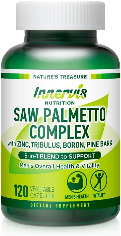 Saw Palmetto Complex 120 Vegetable Capsules for Men Prostate Support Urinary Health Zinc, Tribulus, Boron, Pine Bark 5-in-1 Blend Supplement