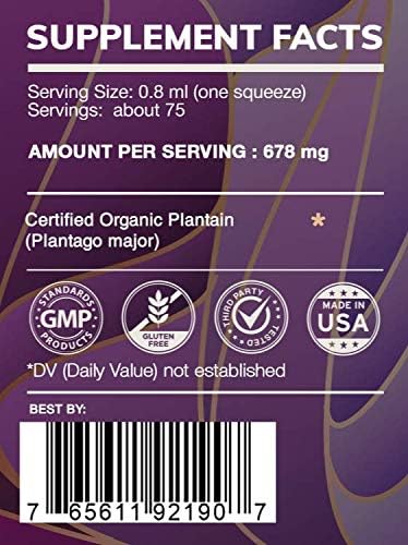 Earth's Love - Plantain Alcohol-Free Herbal Extract Tincture, Super-Concentrated Plantain (Plantago Major) Dried Leaf (2 Fl Oz)