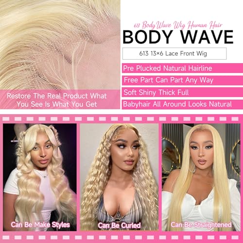 28 Inch 613 13x6 Lace Front Wig Human Hair 200 Density Blonde Wig Human Hair 613 HD Lace Frontal Wig 13x6 Blonde Body Wave Lace Front Wigs Human Hair Pre Plucked