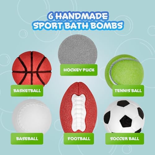 6pc Sporty Kids Bath Bombs with Surprise Inside - Girls & Boys Bath Toys w/ 6 Sports Prizes - Perfect for Birthdays, Holidays -Toddlers 3+
