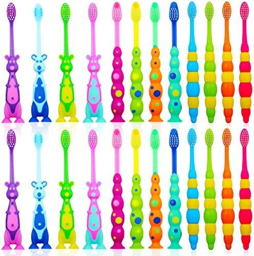 Toddler Toothbrush Pack - 24 Pieces, Soft Bristle Animal Toothbrushes with Covers, Suction Cup, Sensitive Teeth