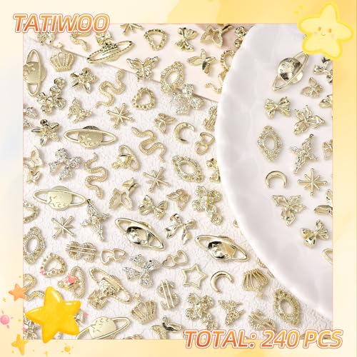 240 Pcs 3D Gold Nail Charms, Mixed Alloy Crown Bows Cross Nail Gold Charms, Golden Planet Star Metal Nail Art Charms Snake Charms for Acrylic Nails DIY Y2K Accessories