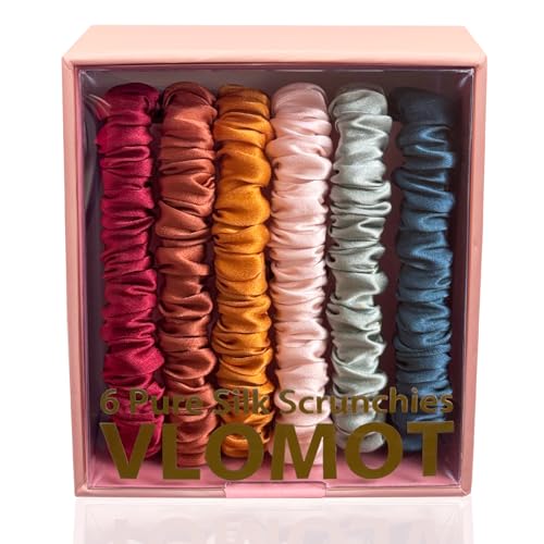 6 Pcs Set 100% Pure Mulberry Silk Hair Scrunchies Silk Hair Ties with 6 Chic Colors Everyday Skinny Scrunchies Silk Ponytail Holders Hair Care No Damage (Vintage)