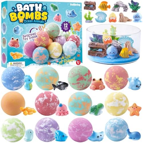 12Pack Ocean Animals Bath Bombs for Kids with Toys Surprised Inside, Organic Natural Bubble Bath Fizzy More Decorations for DIY Fish Tank Birthday Ideal Set for Girls Boys Toddlers