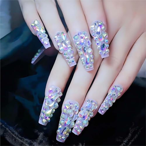 Luxurious 3D Crystal Press on Nails Long Coffin False Nails with Nail Glue Fake Nails With Rhinestones Designs Salon DIY Manicure Reusable Fake Acrylic Diamonds Nail Art Tips Gifts for Women 24Pcs