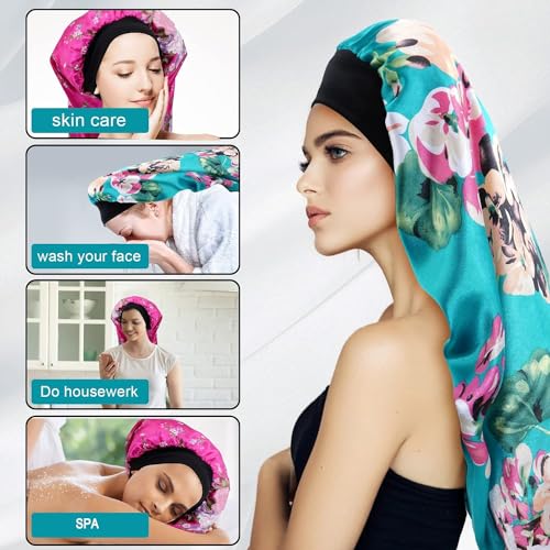 3 Pcs Long Satin Bonnet Sleep Cap,Extra Long Bonnet for Braids,Comfortable Braid Bonnet for Sleeping,Silk Bonnet for Women Dreadlocks,Long Hair,Soft Elastic Band (Black, Green, Red)