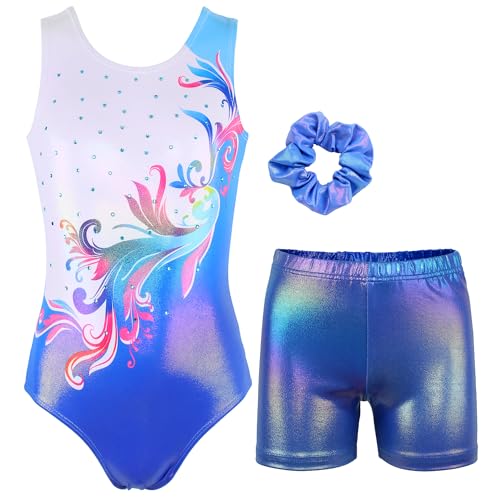 MODAFANS Gymnastics Leotards for Girls with Shorts Ballet Dance Set Activewear Blue-white Flower,6-7Years
