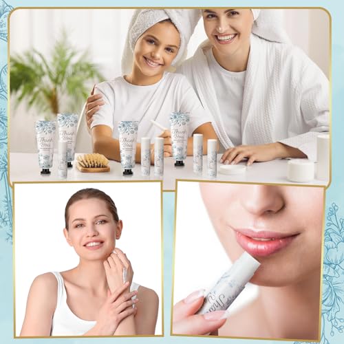 48 Sets 192 Pcs Blue Flower Baby Bridal Shower Hand Cream and Lip Balm Baby Shower Gifts for Guests Bridal Wedding Party Favor Bulk with Thank You Card Organza Bags Travel Size for Wedding