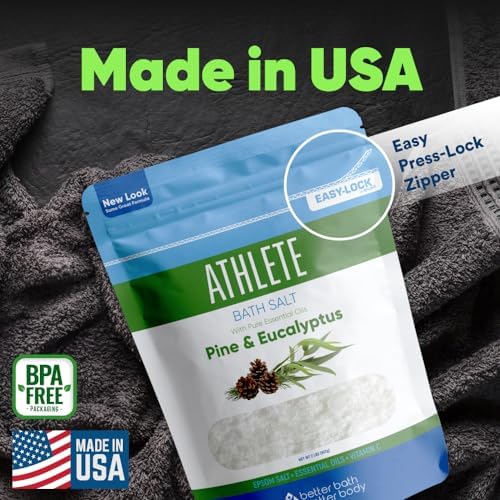 Athlete Bath Salt 32 Ounces Epsom Salt with Natural Lavender, Pine, Peppermint and Eucalyptus Essential Oils Plus Vitamin C in BPA Free Pouch with Easy Press-Lock Seal