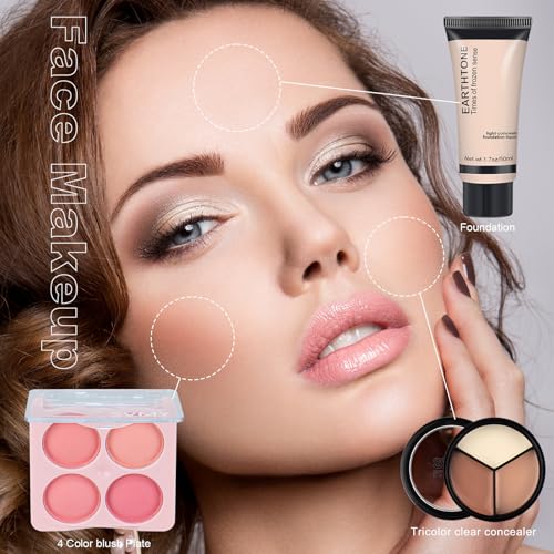 All in One Makeup Kit Includes18-Color Eyeshadow Palette Lip Gloss Brow Pencil Blush Concealer Foundation Mascara & Eyeliner with Travel-Friendly Tools for Everyday Glam