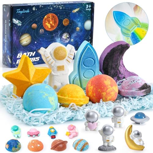 Space Bath Bombs for Kids with Surprise Inside, 8 Pack Kids Galaxy Bath Bombs with Space Toys for Toddler Boys Girls Handemade Rainbow Bubble Bath Fizzies Birthday Christmas Gift Set