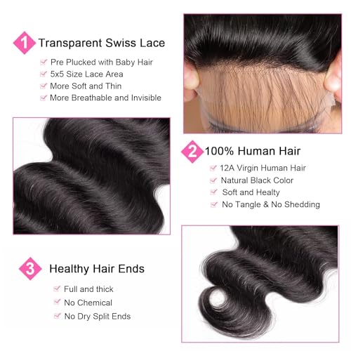 5x5 Transparent HD Lace Closure Body Wave Human Hair Closure Invisible Ultra-thin 5x5 Lace Closure Brazilian Raw Virgin Human Hair Pre Plucked Natural Black 16 Inch