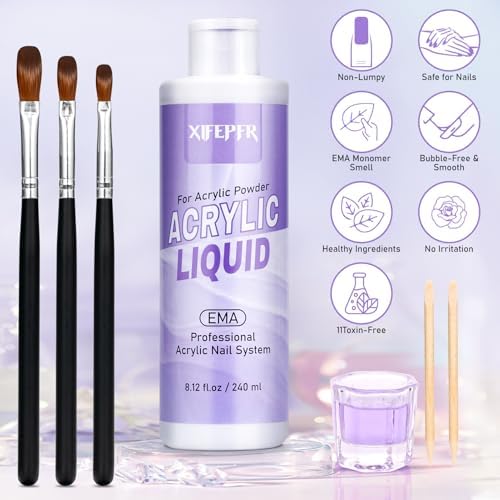 Monomer Acrylic Nail Liquid 8.12fl.oz with 3 Size Acrylic Brushes for Acrylic Powder, MMA-Free Non-Yellowing EMA Monomer Liquid for Acrylic Nail Extension & Carving, DIY Home & Nail Salon Use