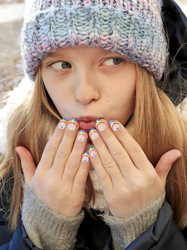 72 Pcs Press on Nails for Kids, Wsimily Lovely Children Fake Nails , 3 Pack False Nails Kit Colorful DIY Nail Art Decorations for Girls, with Jelly Nail Glue and Jelly Nail Adhesives Tools