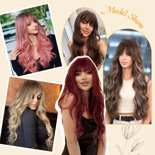 Blonde Wig with Bangs Long curly wavy Wig for Women Ombre wig with Brown root skin-friendly synthetic fiber for festival holiday Use 26IN