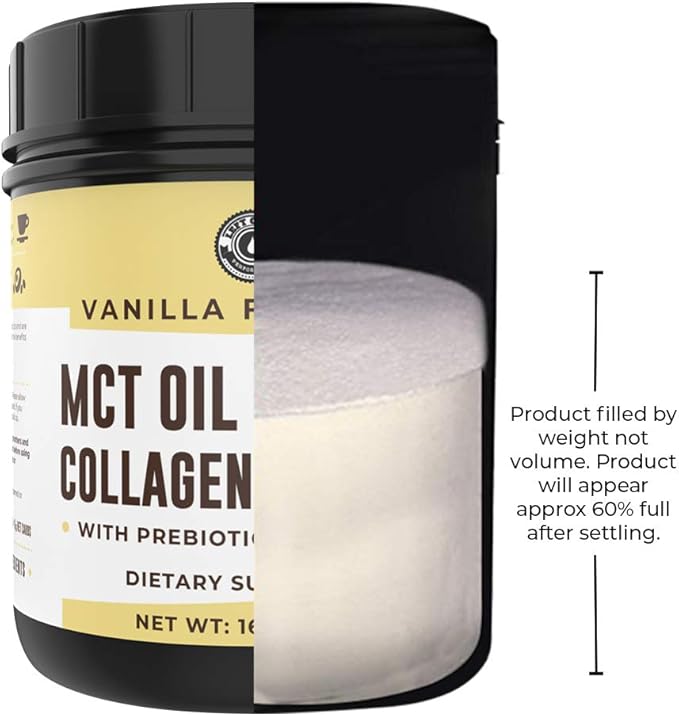 Keto MCT Oil Powder + Collagen + Prebiotic Acacia Fiber, Vanilla Flavor, 16oz. MCT Oil Powder from Coconuts. Grass Fed Collagen, Perfect for Keto, 0 Net Carb, Stevia, Erythritol, Powdered Drink