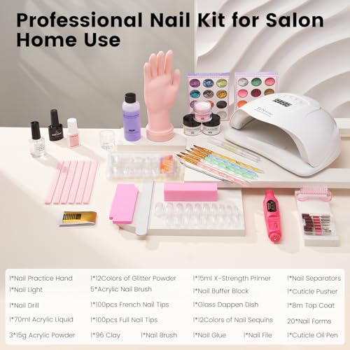 Acrylic Nail Kit for Beginners: Monomer Acrylic Nail Liquid Powder with Practice Hand U V Light Drill French Tips for Nail Starters with Everything Home Salon Gift Set