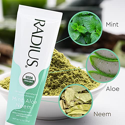 RADIUS Toothpaste, Mint Aloe Neem, 3 oz, USDA Organic Non-Toxic Chemical-Free Gluten-Free, Designed to Improve Gum Health & Prevent Cavities, Pack of 1