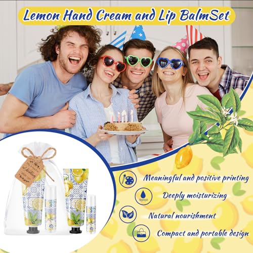 24 Sets Hand Cream and Lip Balm Gift Bridal Baby Shower Party Supply Travel Size Hand Lotion and Lip Balm Bulk with Organza Bag and Tag Wedding Bridal Baby Shower Party (Lemon)