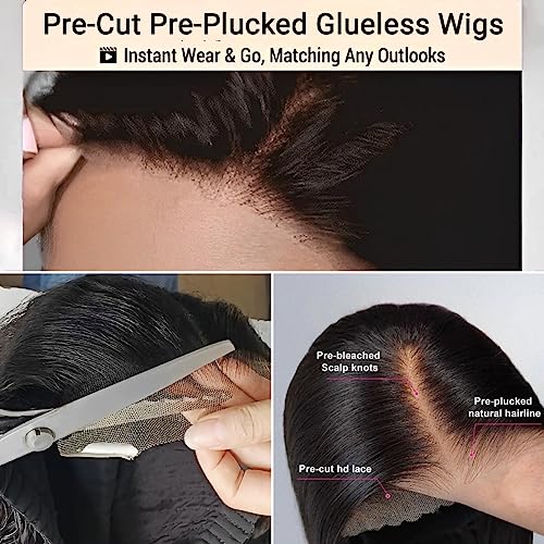 6x4 HD Lace Wear and Go Glueless Wig Human Hair Pre-Plucked, Pre-Cut Lace Glueless Wigs, No Glue Lace Front Closure Wig Straight, 200% Density, 24 inch