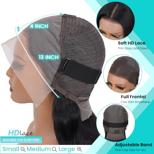 13x4 Body Wave Lace Front Wigs Human Hair Pre Plucked HD Transparent Lace Frontal Wig with Baby Hair 180% Density 9A Glueless Brazilian Virgin Human Hair Lace Front Wigs for Women Natural Black 22Inch