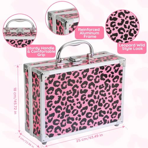 Anpro All-In-One Leopord Double Folding Makeup Carry Case with Pro Teen Makeup Set, Full Starter Kit with Makeup Brushes, Lipsticks, Eyeshadow Palette, Blushes, Glitter Gel, Ideal Present for Girls