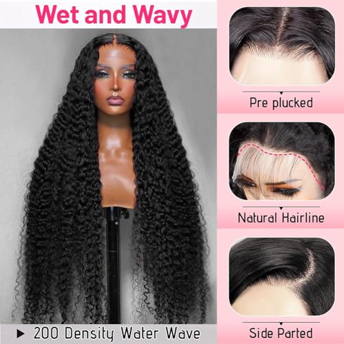 200 density 13x6 Water Wave Lace Front Wigs Human Hair Pre Plucked Glueless Wigs Human Hair Water Deep Cury HD Transparent 13x6 Full Lace Frontal Wigs Brazilian Virgin Hair Wigs Natural Black 28inch
