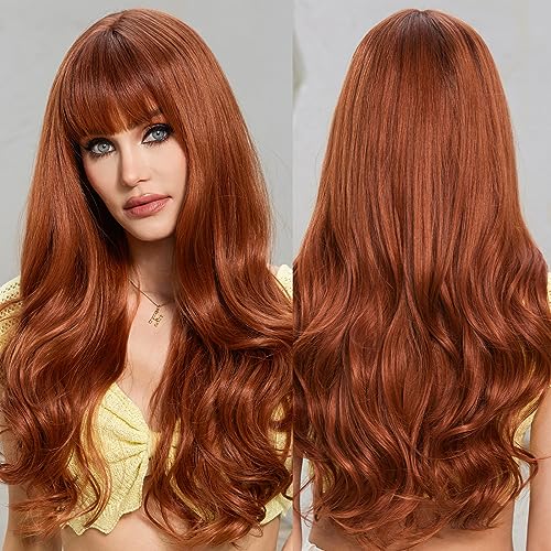 HAIRCUBE Orange Synthetic Women's Wig Layered Wigs with Bangs Long Wavy Heat Resistant Natural Wigs