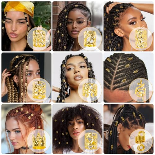 220 Pcs Viking Gold Hair Accessories for Braids Loc Jewelry for Women Hair Dreadlock Metal Hair Beads Rings Cuffs for Braids Beard Decoration Gold