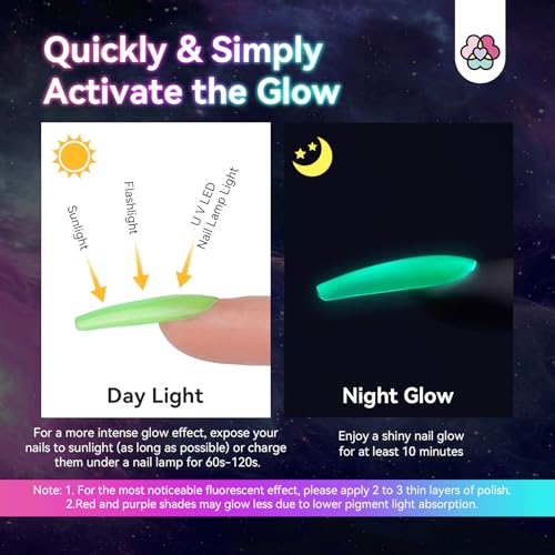 SAVILAND Glows in the Dark Nail Polish Set: 12 Colors Luminous Neon Vegan Nail Polish Kit with Base Nail Coat, Glow Effect Regular Nail Polish Quick Dry for Finger Toe Salon Home DIY Nail Art Beginner