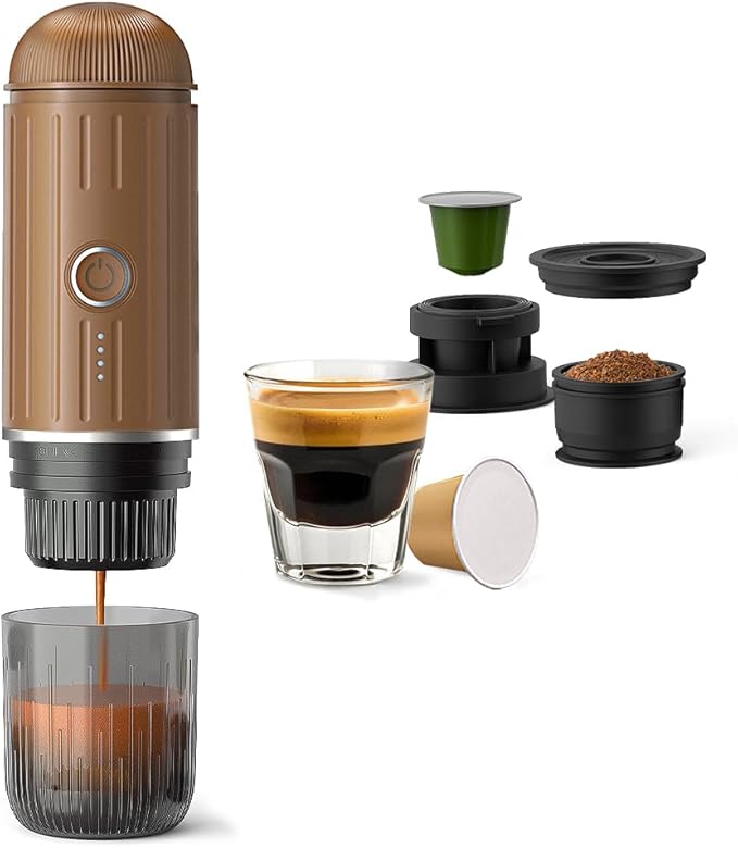 BENFUCHEN Portable Espresso Machine For Travel, Self-Heating Electric Espresso Maker, 19 Bar Portable Electric Espresso Machine For Camping On the Go For Ground Coffee and NESPRESSOpods, Brown