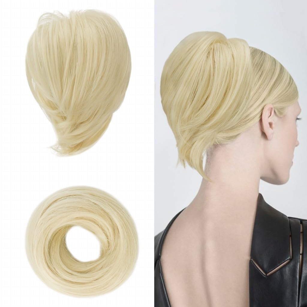 BARSDAR Blonde Hair Bun Extensions - Synthetic Fully Short Straight Ponytail Hair Bun Extensions for Women - Elastic Messy Hair Bun Scrunchies Hairpieces Daily - Ivory Blonde