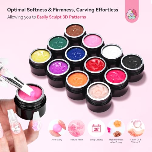 SAVILAND SSPro X 3D Nail Gel Set: 12 Colors Non-Sticky Soak Off 3D Sculpting Gel for Nail Art Painting Drawing Hand Carving Molding with Sculpture Pen for 3D Nail Art Design Home Salon Manicure DIY