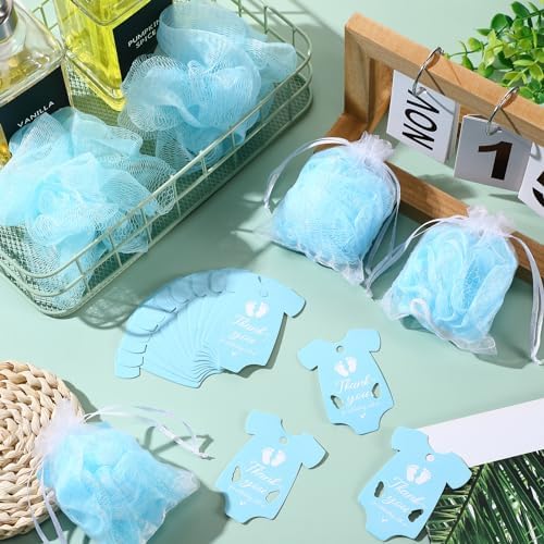24 Sets Baby Shower Favors for Guests Include Bath Sponge Loofahs, Thank You Cards, White Organza Bags for Baptism Baby Shower Gender Reveal Birthday(Blue)