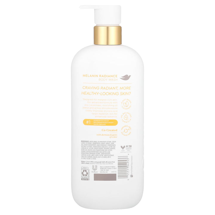 Dove Body Wash Melanin Radiance Nourishes for restored radiance 5% pro-ceramide serum with nourishing oil blend 18.5 oz