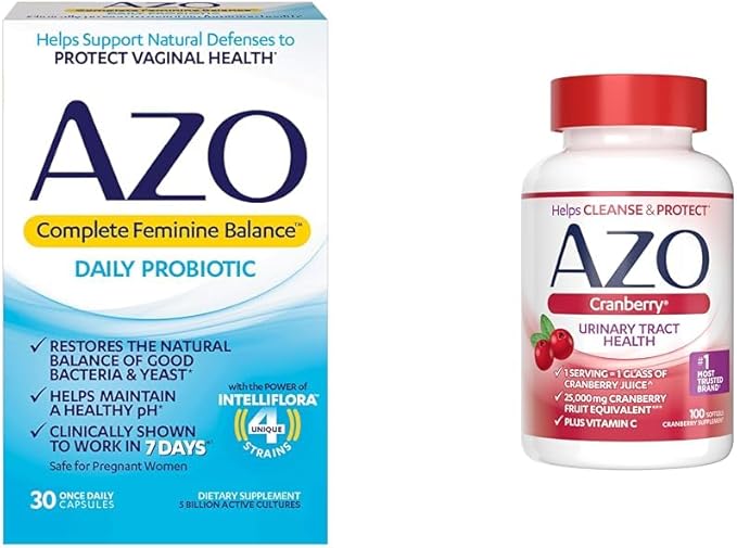 AZO Complete Feminine Balance Daily Probiotics for Women & Cranberry Urinary Tract Health Supplement, 1 Serving = 1 Glass of Cranberry Juice, Sugar Free Cranberry Pills, Non-GMO 100 Softgels